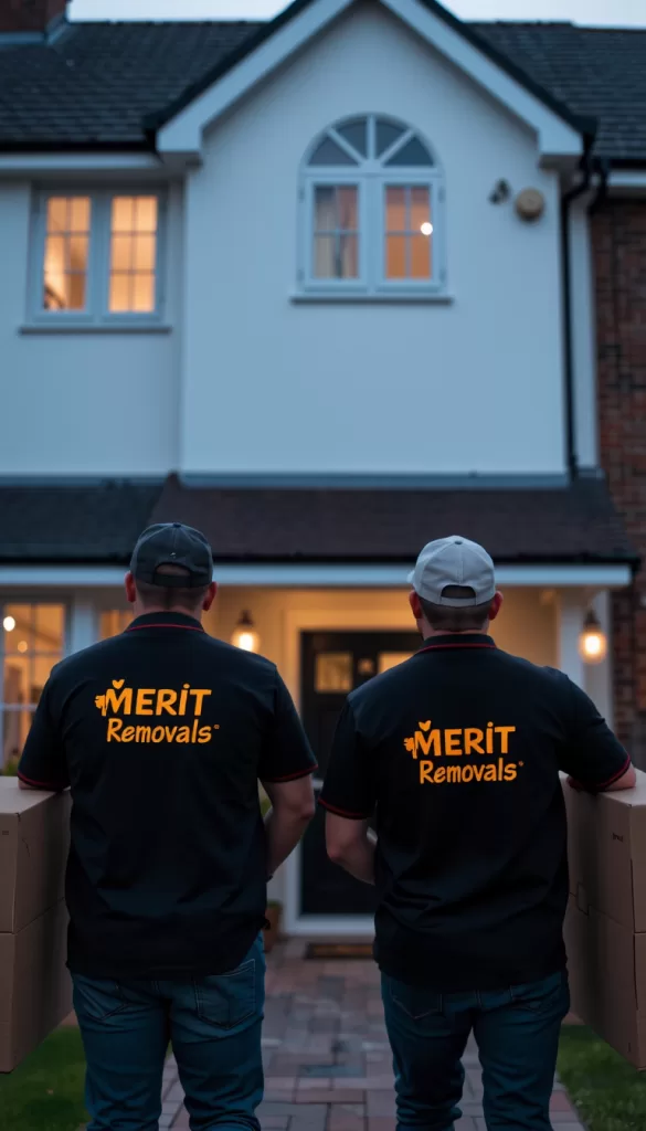 Merit Removals workers carrying carton boxes