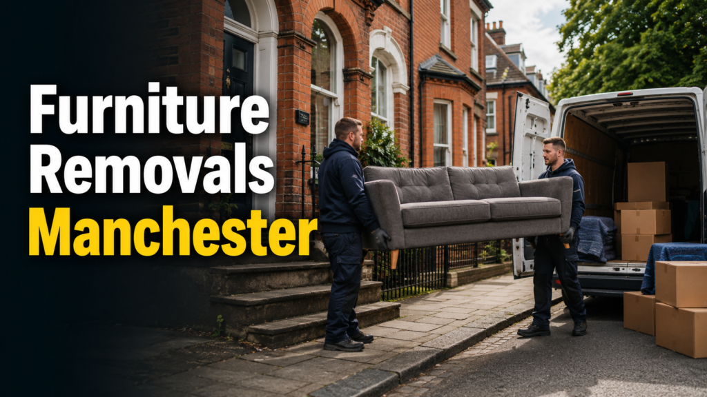 Furniture removals Manchester team moving a large sofa safely into a removal van