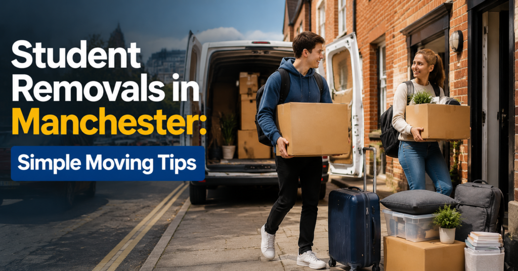 Student removals Manchester helping students move boxes from a shared house with blog title overlay