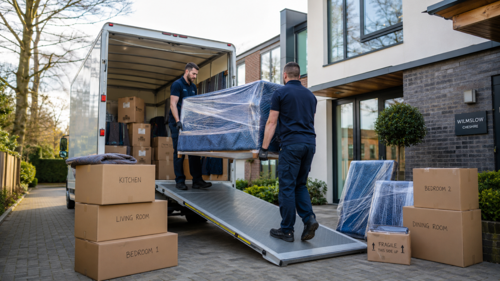 Professional UK removal companies Wilmslow team loading labelled boxes and furniture into a van outside a modern Wilmslow home, showcasing careful and reliable local removals.