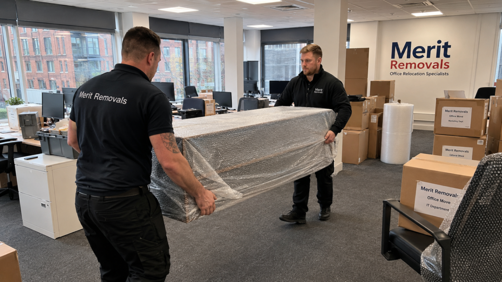 Professional movers handling office furniture and labelled boxes during an office move in Stockport.