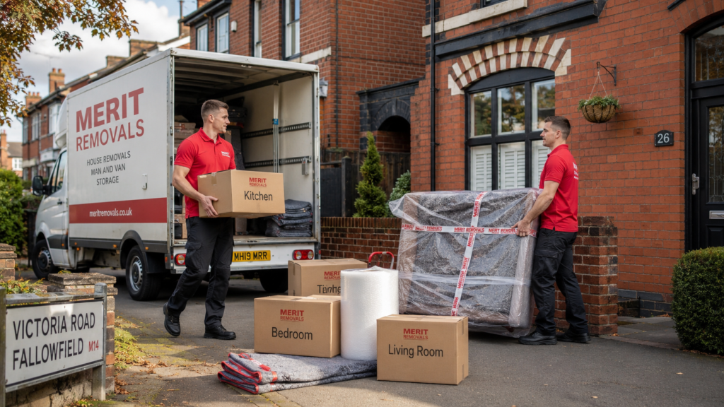 house removals manchester movers carrying labelled boxes outside a UK home