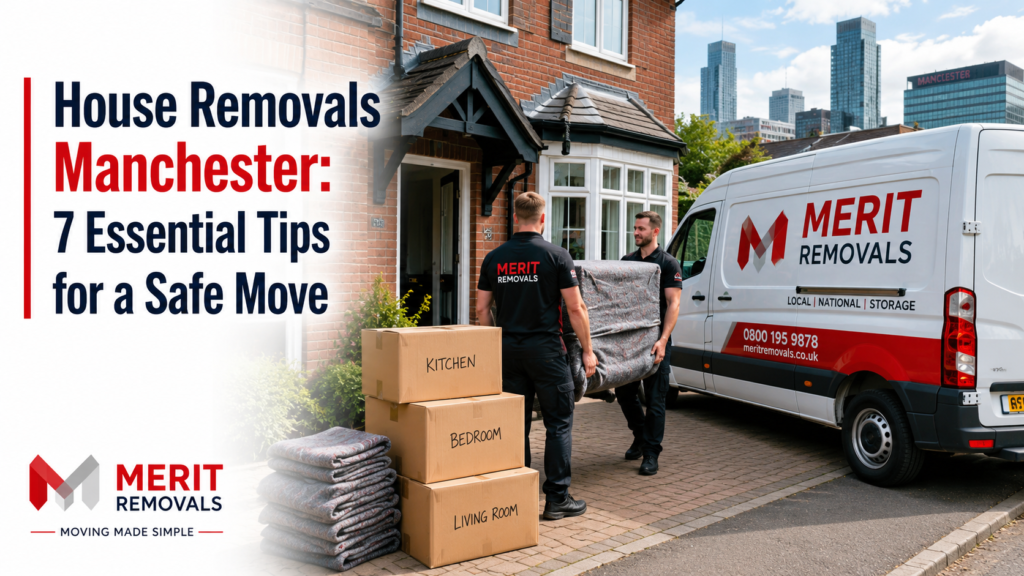 House Removals Manchester thumbnail showing movers, boxes and a moving van outside a family home