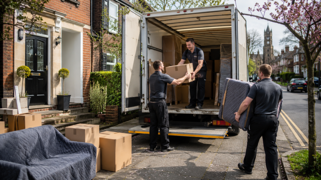 Professional movers loading boxes and wrapped furniture into a removals van outside a Macclesfield home.