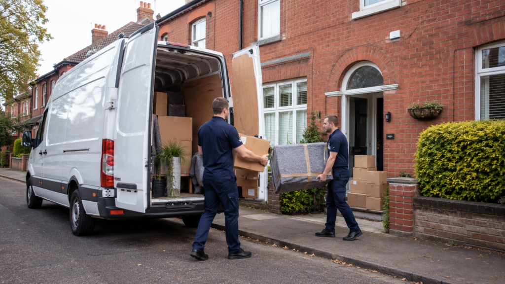 prestwich removals movers carrying boxes outside a UK brick home