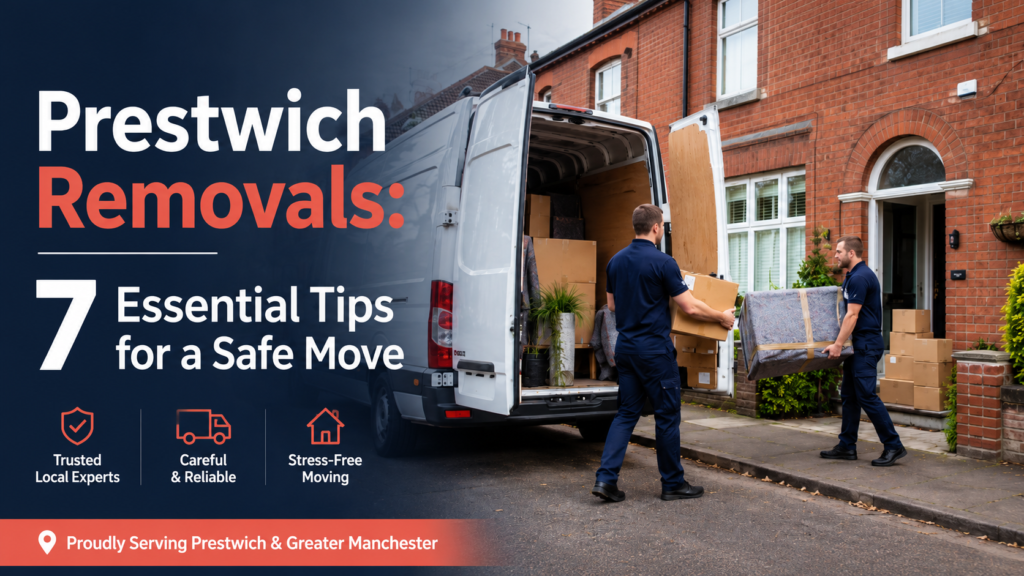 Prestwich Removals thumbnail showing a moving van, movers and boxes outside a UK home