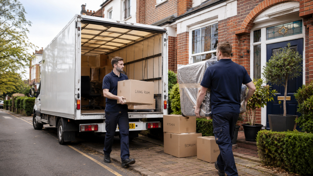 removal companies altrincham movers carrying boxes outside a UK home