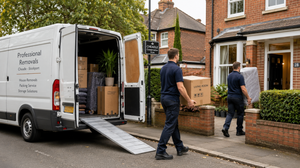 removal companies cheadle movers carrying boxes outside a UK brick home