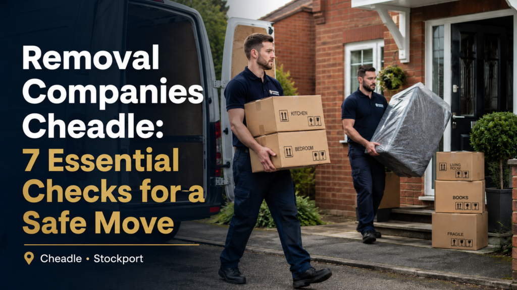Removal Companies Cheadle thumbnail showing a moving van, movers and boxes outside a Stockport home