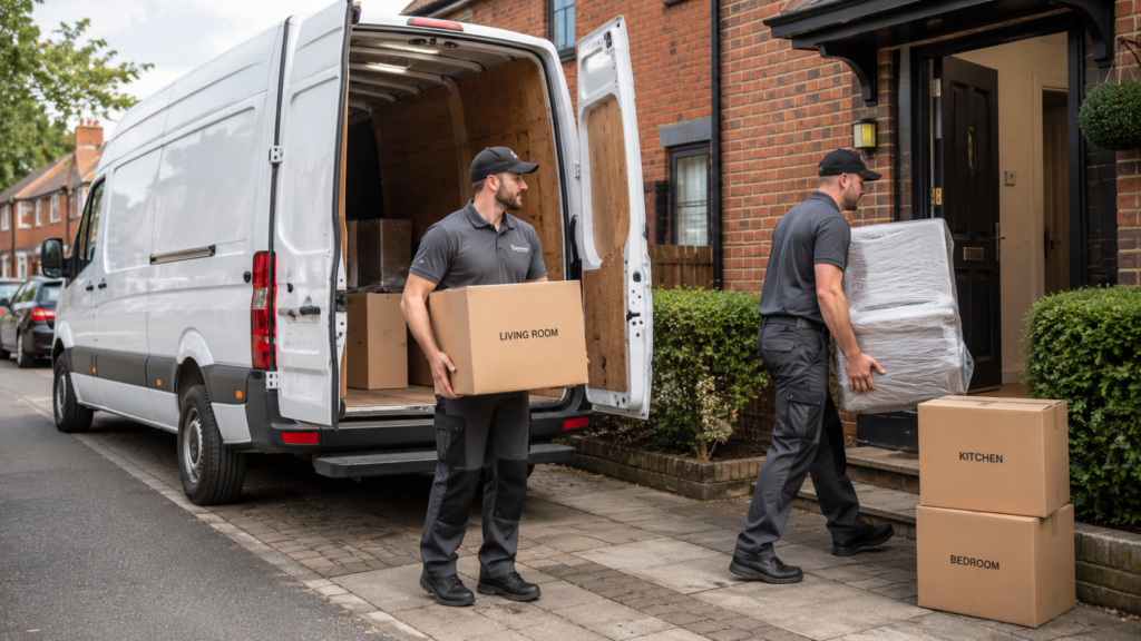 removal companies rochdale movers carrying boxes outside a UK home