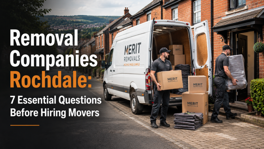 Removal Companies Rochdale thumbnail showing a moving van, movers and boxes outside a UK home