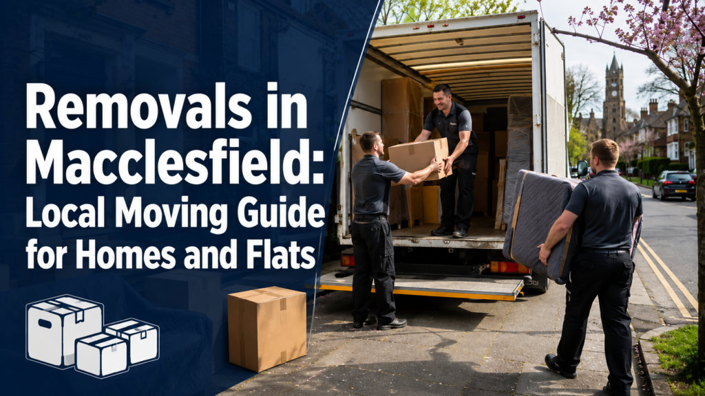 Removals in Macclesfield blog thumbnail showing movers and a van outside a local British home.