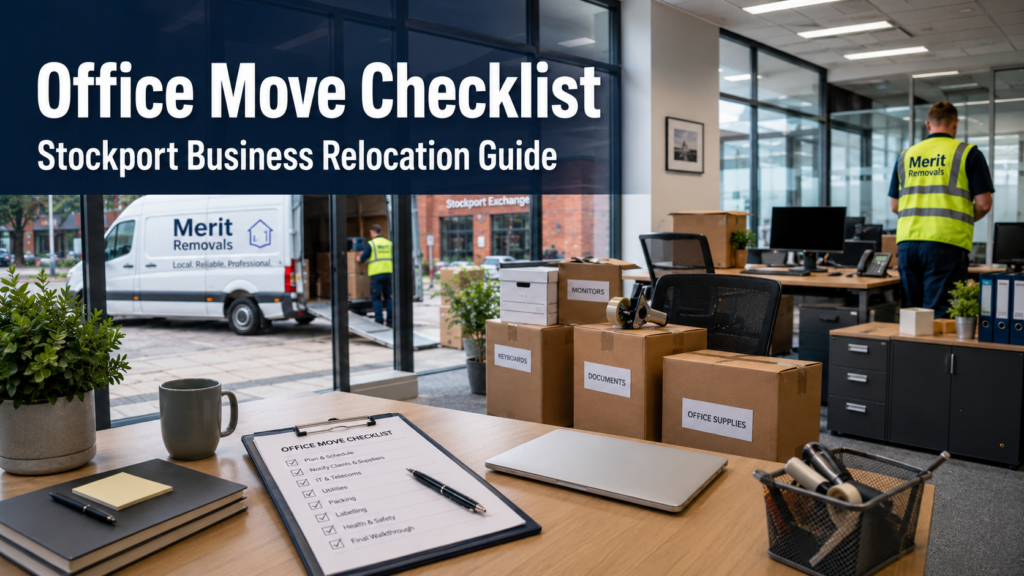 Office Move Checklist Stockport business relocation guide with packed boxes and movers in a modern office.