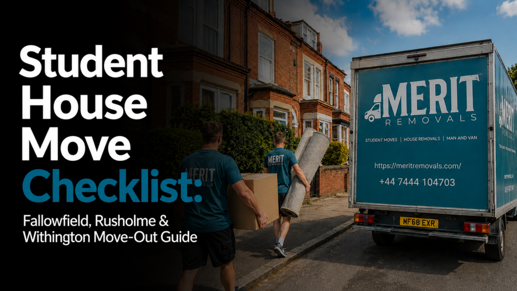 Student removals Manchester checklist — movers loading a van outside a shared house in Fallowfield