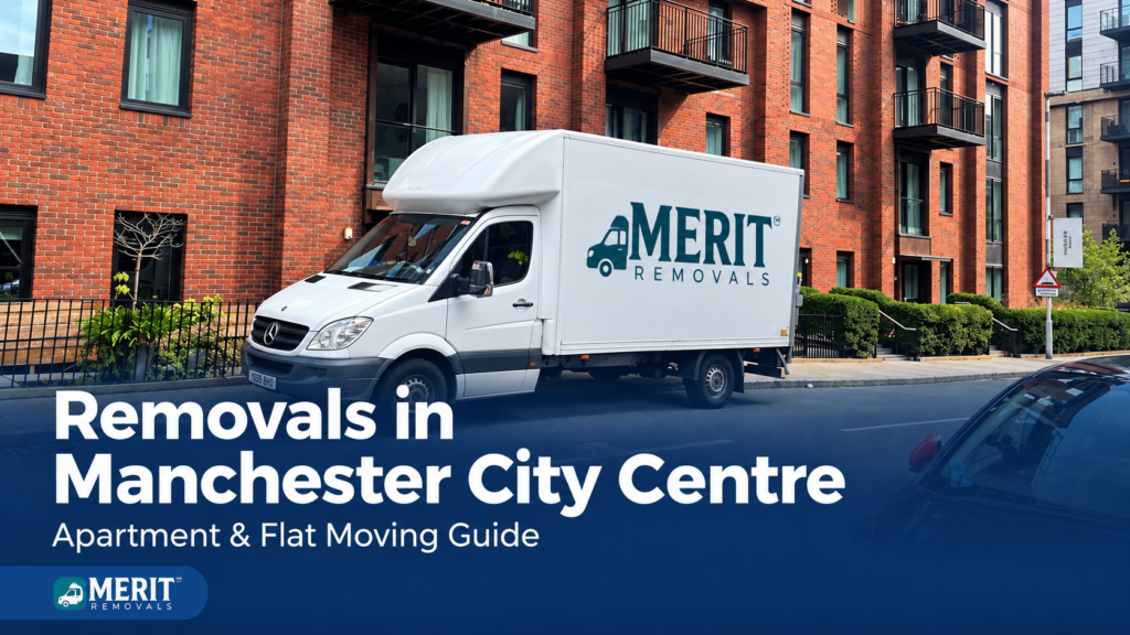 Removal crew loading a van outside an apartment building in Manchester city centre