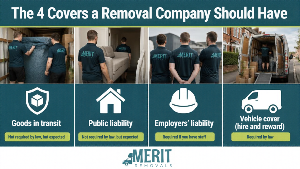 Removal company insurance guide UK infographic showing the four types of cover over photos of a removal crew at work